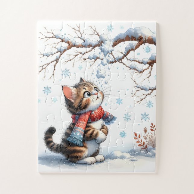 Kitten Watching Falling Snow from Branch Jigsaw Puzzle (Vertical)