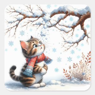 Kitten Watching Falling Snow from Branch Square Sticker