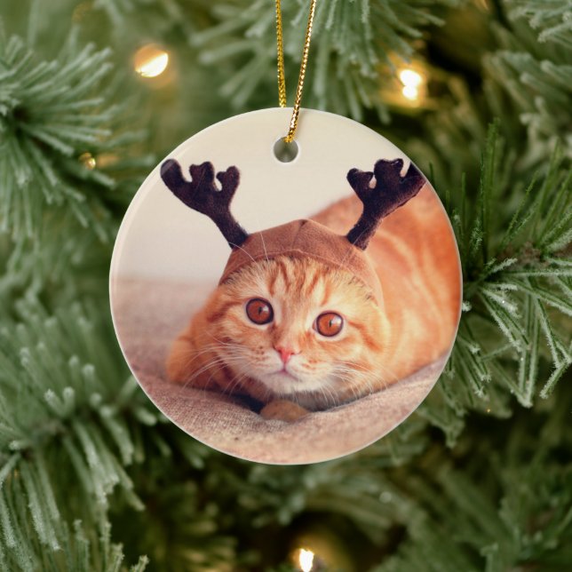 kitten wearing a Christmas reindeer hat Ceramic Tree Decoration (Tree)