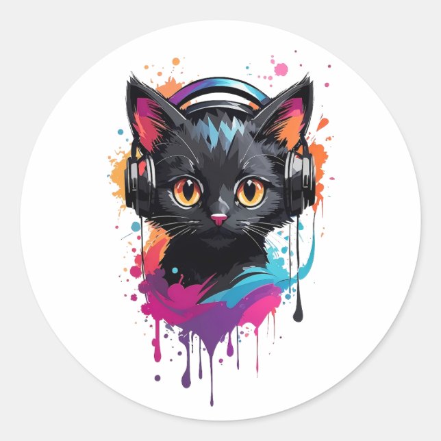 Kitten wearing a headphone classic round sticker (Front)