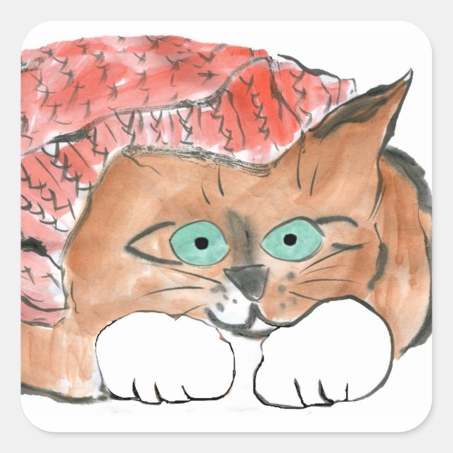 Kitten Wears a Knit Beanie Hat Square Sticker (Front)