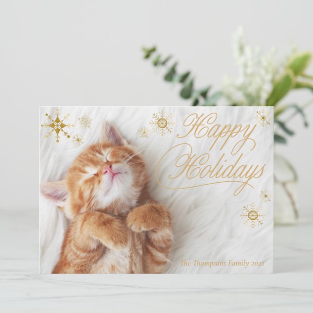 Kitten White Fur Gold Happy Holiday Cards (Standing Front)