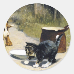 Kitten with 2 puppies vintage painting classic round sticker