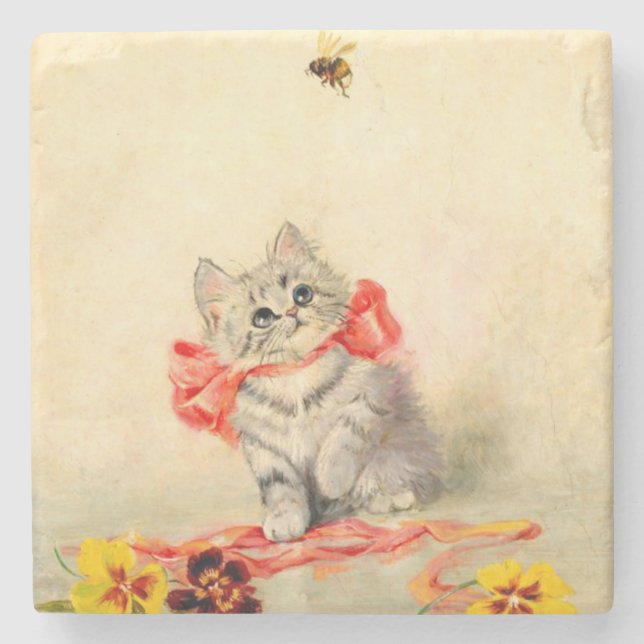 Kitten with a Red Ribbon Stone Coaster (Front)