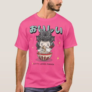 kitten with a samurai helmet eating ramen Japanese T-Shirt