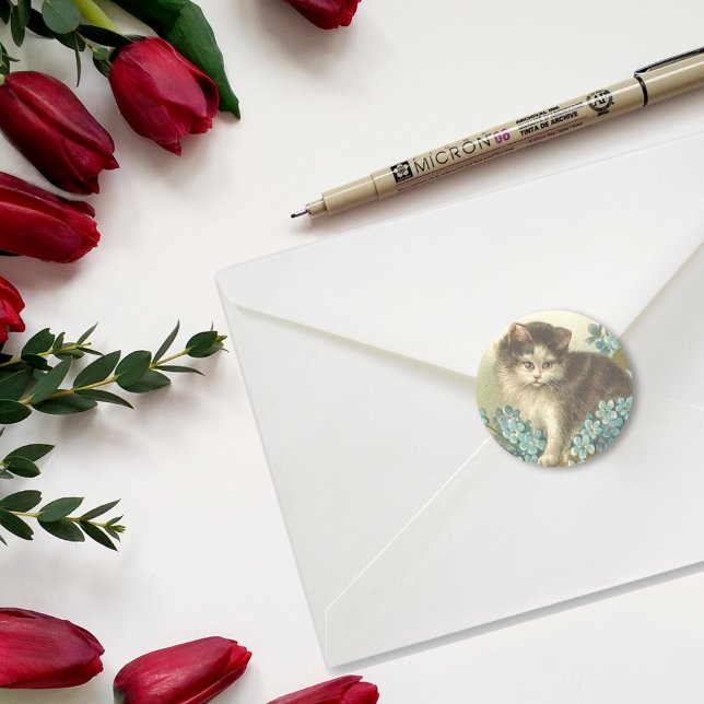 Kitten With Blue Flowers Classic Round Sticker (Creator Uploaded)