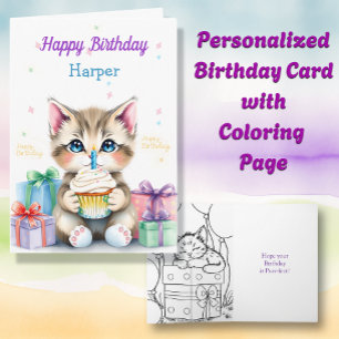 Kitten with Cupcake Colouring Page Birthday Card