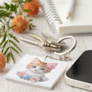 Kitten with Flowers Whimsical Feline Key Ring
