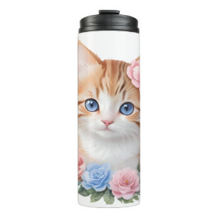 Kitten with Flowers Whimsical Feline Thermal Tumbler