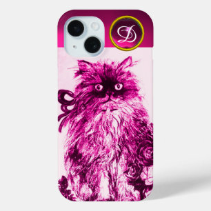 KITTEN WITH FUCHSIA PINK ROSES Gemstone Monogram iPhone 15 Case