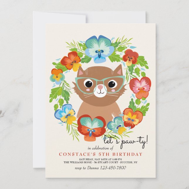Kitten With Glasses Birthday Party Invitation (Front)