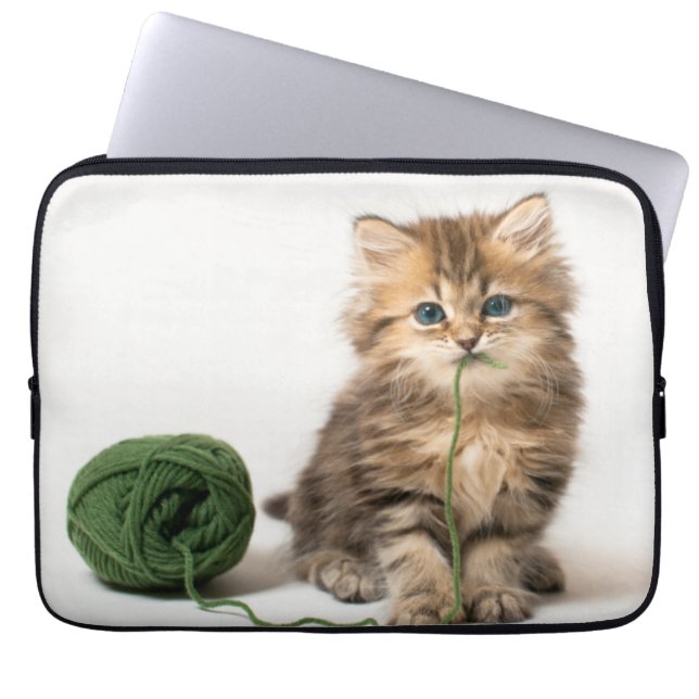 Kitten With Green Yarn Laptop Sleeve (Front)