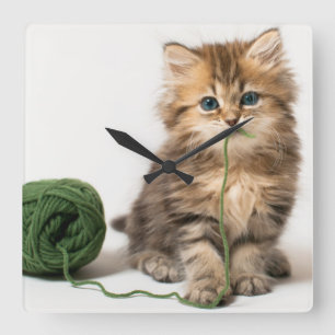 Kitten With Green Yarn Square Wall Clock