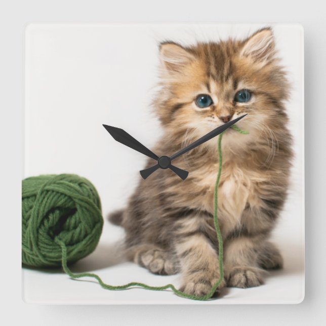 Kitten With Green Yarn Square Wall Clock (Front)