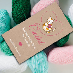 Kitten with heart crochet handmade business card. card