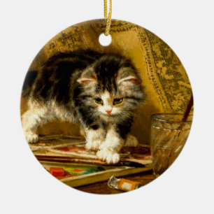 Kitten with Paint and Brushes Ceramic Tree Decoration