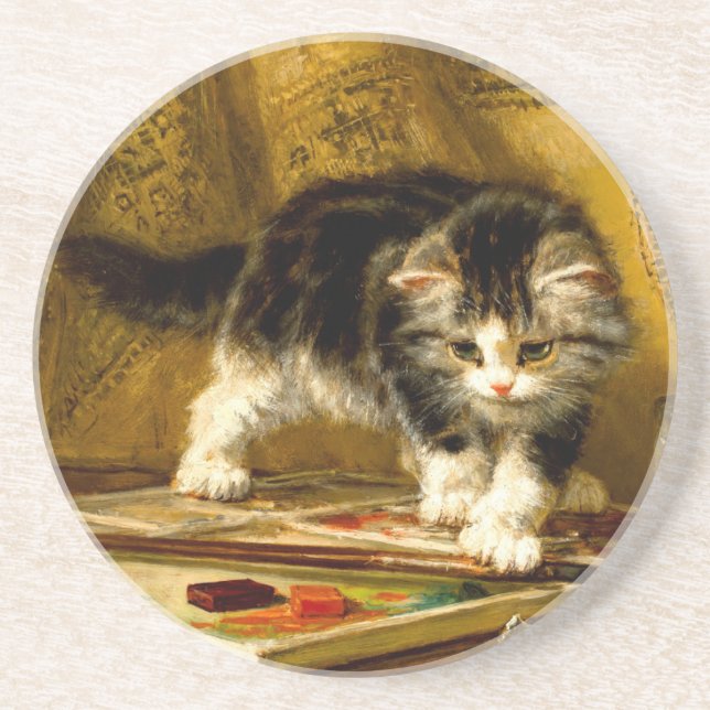 Kitten with Paint and Brushes Coaster (Front)