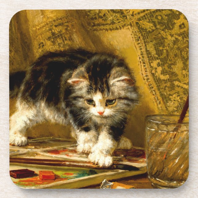 Kitten with Paint and Brushes Coaster (Front)