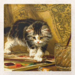 Kitten with Paint and Brushes Glass Coaster