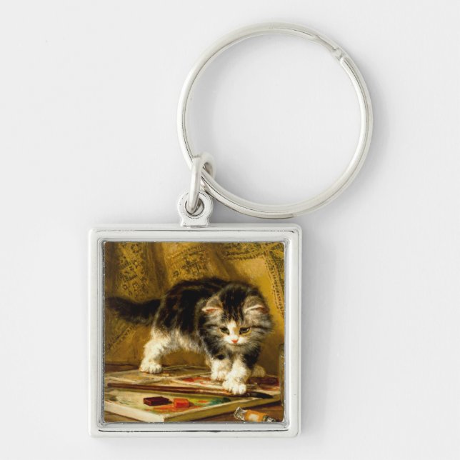Kitten with Paint and Brushes Key Ring (Front)