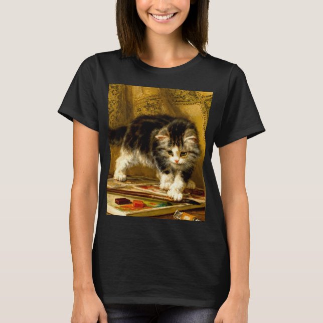 Kitten with Paint and Brushes T-Shirt (Front)