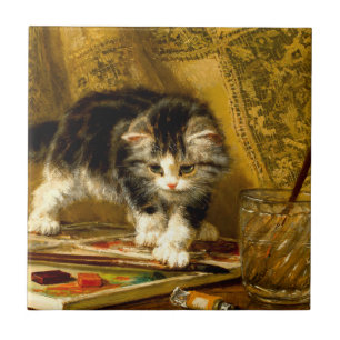 Kitten with Paint and Brushes Tile