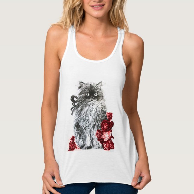 KITTEN WITH RED ROSES ,Black and White Singlet (Front)