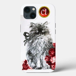 KITTEN WITH RED ROSES RUBY GEM MONOGRAM,white iPhone 13 Case