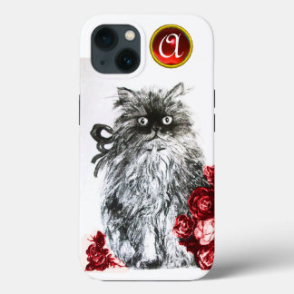 KITTEN WITH RED ROSES RUBY GEM MONOGRAM,white iPhone 13 Case