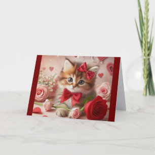 Kitten With Roses And Hearts Holiday Card