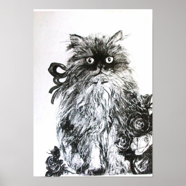KITTEN WITH ROSES ,Black and White Poster (Front)