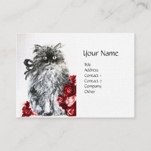 KITTEN WITH ROSES ,Black Red White Linen Paper Business Card