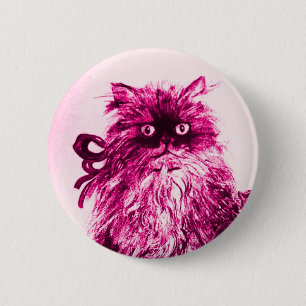 KITTEN WITH ROSES ,Pink Fuchsia White 6 Cm Round Badge