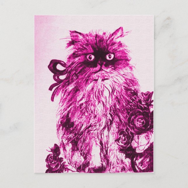 KITTEN WITH ROSES ,Pink Fuchsia White Postcard (Front)