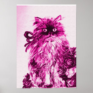 KITTEN WITH ROSES ,Pink Fuchsia White Poster