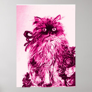 KITTEN WITH ROSES ,Pink Fuchsia White Poster