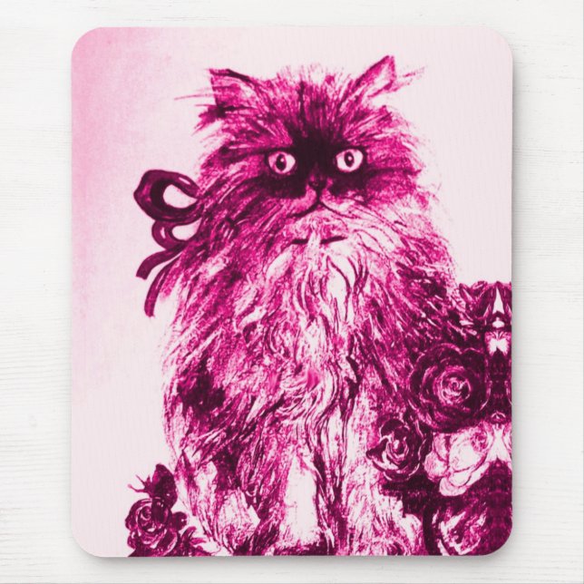 KITTEN WITH ROSES ,Pink Fuchsia White Watercolor Mouse Pad (Front)