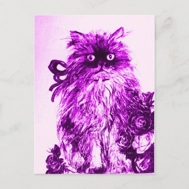 KITTEN WITH ROSES ,Purple Violet and White Postcard (Front)