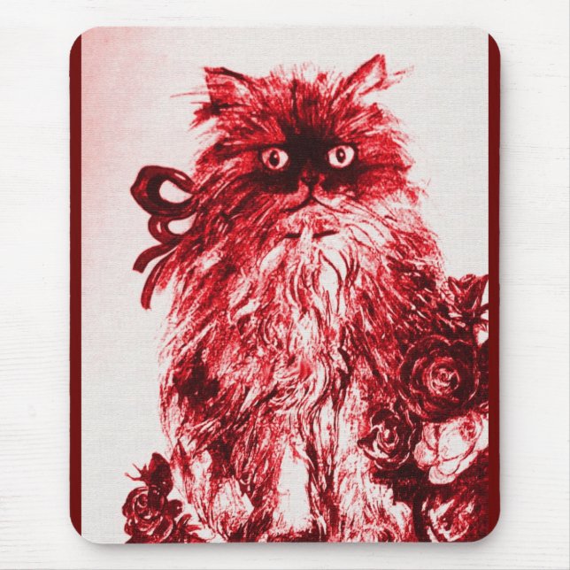 KITTEN WITH ROSES , Red and White Mouse Pad (Front)