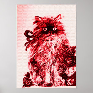 KITTEN WITH ROSES ,Red and White Poster
