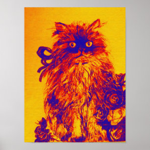 KITTEN WITH ROSES ,Yellow Orange Blue Poster
