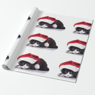 Kitten with Santa Hat Wrapping Paper