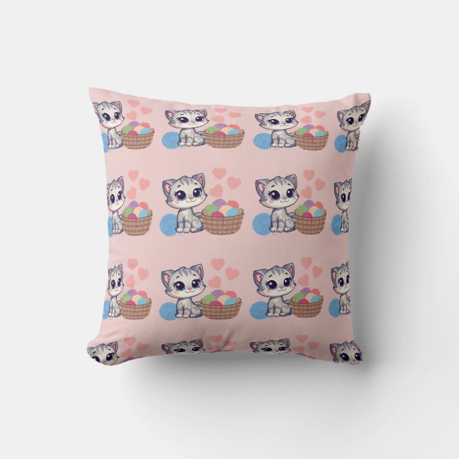 Kitten & Yarn Throw Pillow (Front)