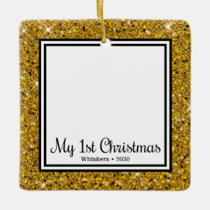 Kitten's 1st Christmas 2 Photo Gold Glitter Ceramic Ornament