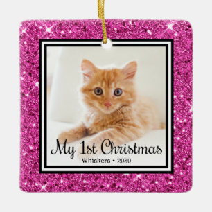 Kitten's 1st Christmas 2 Photo Pink Glitter Ceramic Ornament