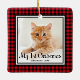 Kitten's 1st Christmas 2 Photo Red Buffalo Check Ceramic Ornament