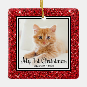 Kitten's 1st Christmas 2 Photo Red Glitter Ceramic Ornament