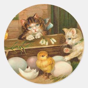 Kittens and Chicks Vintage Easter Greeting Classic Round Sticker
