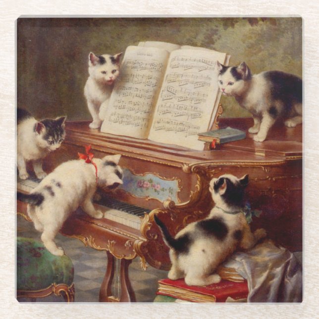 Kittens and Piano Glass Coaster (Front)