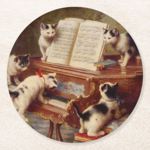 Kittens and Piano Round Paper Coaster